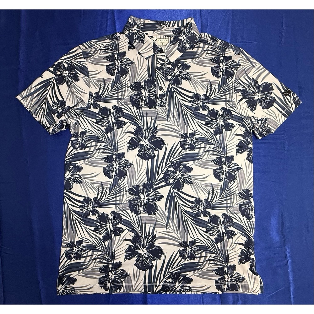 Yatta Golf Men's Small Navy White Hibiscus Floral Performance Polo Shirt